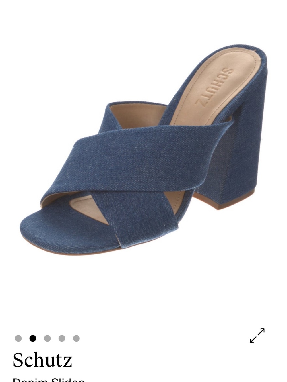 SCHUTZ Blue Denim Crisscross Block Heel Mule